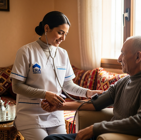 Infirmière professionnelle ERA Assistance prodiguant des soins et assurant la garde malade pour une personne âgée à domicile, Casablanca, Maroc.