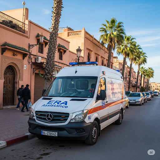 Ambulance médicale de prestige ERA Assistance lors d'une intervention médicalisée pour un événement sportif du Wydad WAC à Casablanca, Maroc.