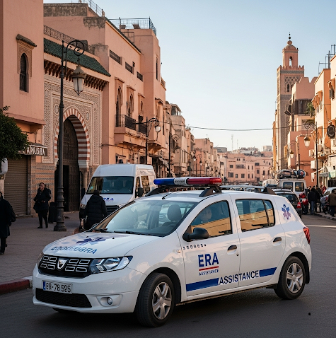 Véhicule léger et équipe SOS Médecin Casablanca en intervention médicale de nuit à domicile au Maroc.